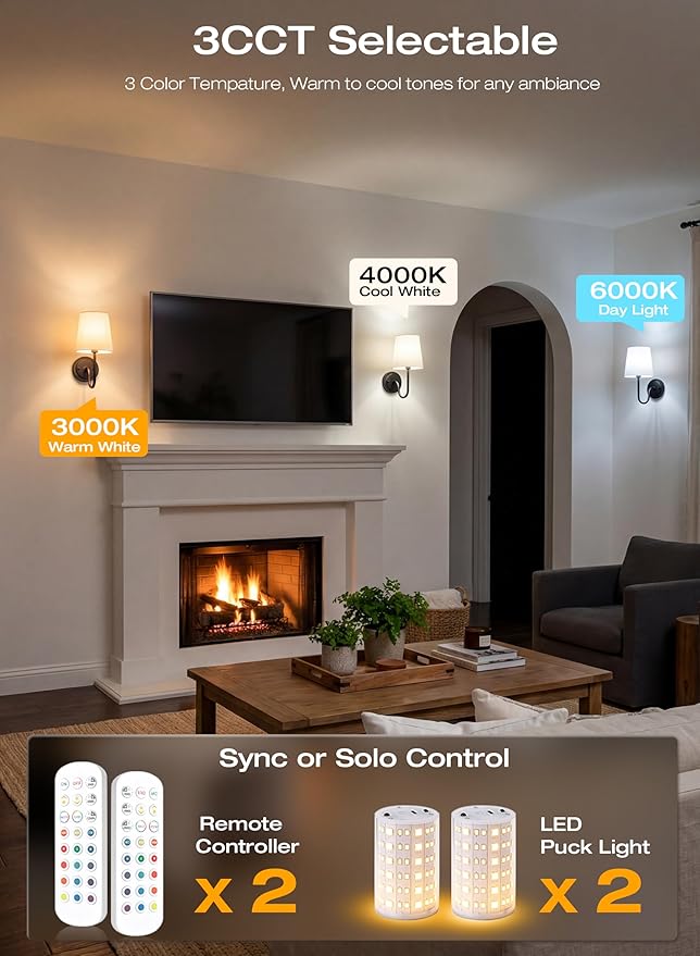 CLOUDY BAY 10000mAh Battery Operated Wall Sconces,Up to 100 Hours with Rechargeable RGB Dimmable Magnetic Bulb,Cordless Wall Lighting Fixtures with Remote for Bedroom,Black,2 Pack-12inch