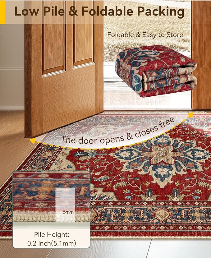RELEANY Area Rugs Square 4ft Washable Non-Slip, Floral Vintage Distress Print Pattern Medallion Carpet for Living Room Bedroom Dining Room, Red Blue