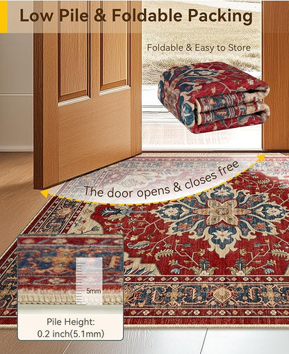RELEANY Area Rugs 9'x12' Washable Non-Slip, Floral Vintage Distress Print Pattern Medallion Carpet for Living Room Bedroom Dining Room, Red Blue