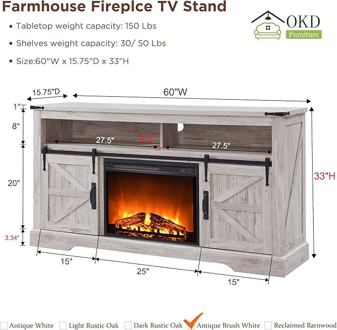 OKD Fireplace TV Stand for 65+ Inch TV, 33" Tall Highboy Farmhouse Entertainment Center w/ 23'' Electric Fireplace, Rustic Media Console w/Sliding Barn Door for Living Room, Antique Brush White