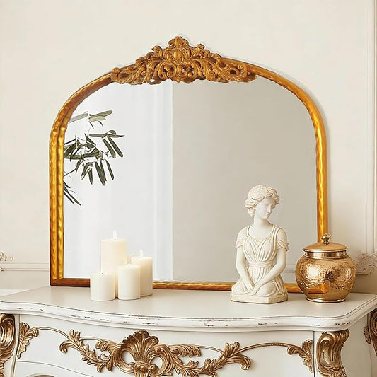 Antique Arched Gold Mirror 32"x24" - Vintage Baroque Wall Mirrors for Bathroom, Living Room, Entryway - Large Gleaming Gold Frame, French Ornate Mirror for Bedroom, Fireplace, Hallway,Dresser
