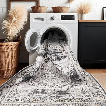 7x7 Area Rug Washable Living Room Rugs: 7ft Square Ultra Thin Soft Oriental Area Rugs Non-Slip Backing Farmhouse Rug Low Pile Thin Stain Resistant Indoor Carpets, 7' x 7' Black