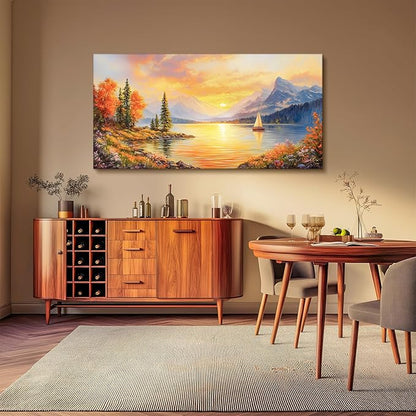 SERIMINO Autumn Landscape Wall Art, Lake Sunset Canvas Extra Large Artwork, Mountain Forest Boat Nature Art Prints, Modern Wall Pictures for Living Room Bedroom, Rustic Farmhouse Wall Decor 29"X57"
