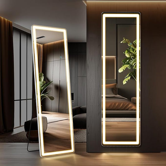 Full Length Mirror with Stand 16"×60", Upgraded Full Body Mirrors with LED Light 3 Color Lighting, Floor Standing, Hanging or Leaning Modern Simple Home Wall Decor, White