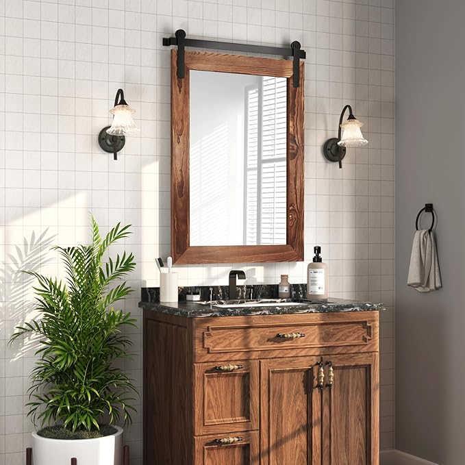 COGOOD Bathroom Mirrors for Over Sink - 42" x 29" Farmhouse Barn Door Mirror for Living Room, Entryway, Bedroom, Vanity Wall Decor Brown