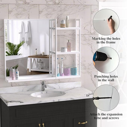 White Metal Framed Bathroom Mirror with Shelf, 24.4 X 31 in Rectangular Wall Mounted Bathroom Vanity Mirror, Modern Bathroom Mirror with Storage for Over Sink, Entryway (White)