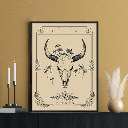 SERIMINO Witchy Framed Wall Art, Taurus Tarot Canvas Prints Paintings, Horoscope Dark Academia Home Decor Aesthetic, 16x24inch Gothic Wall Decor for Room