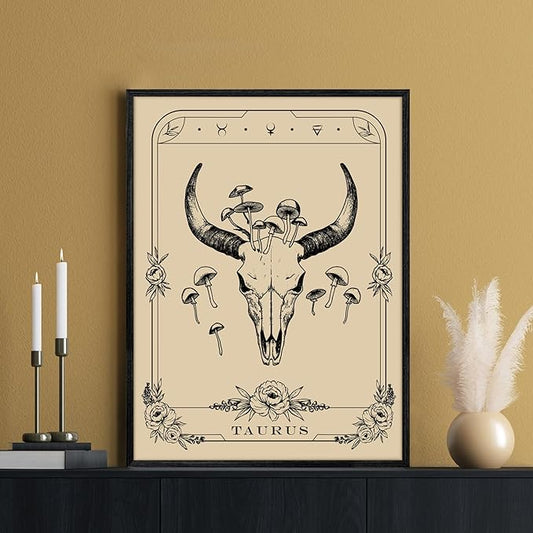 SERIMINO Witchy Framed Wall Art, Taurus Tarot Canvas Prints Paintings, Horoscope Dark Academia Home Decor Aesthetic, 16x24inch Gothic Wall Decor for Room