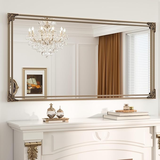 Keonjin Gold Vintage Mirror 60 x 30 Inch, Antique Mirrors Rectangle, Traditional Mantel Decoration, Baroque Style Wall Decor for Hallway, Fireplace, Entryway, Living Room, Anti-Rust, Waterproof