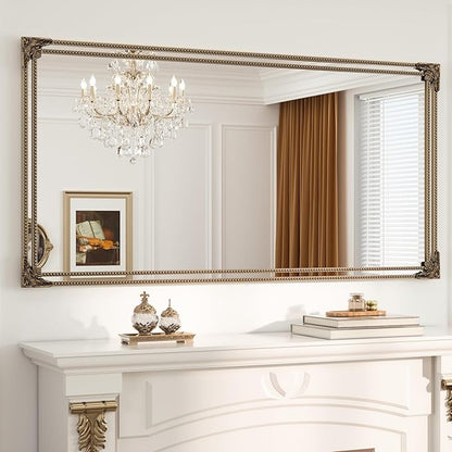 Keonjin Gold Vintage Mirror 60 x 30 Inch, Antique Mirrors Rectangle, Traditional Mantel Decoration, Baroque Style Wall Decor for Hallway, Fireplace, Entryway, Living Room, Anti-Rust, Waterproof