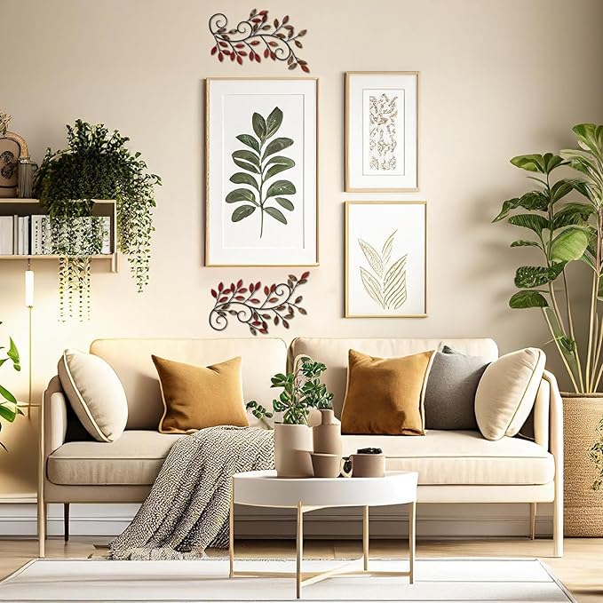 ESTART 2 Pieces Metal Tree Leaf Wall Decor Vine Olive Branch Leaf Wall Art Wrought Iron Scroll Wall Hanging for Above Door, Living Room, Office, Hallway, Indoor and Outdoor Decoration (Retro Red)