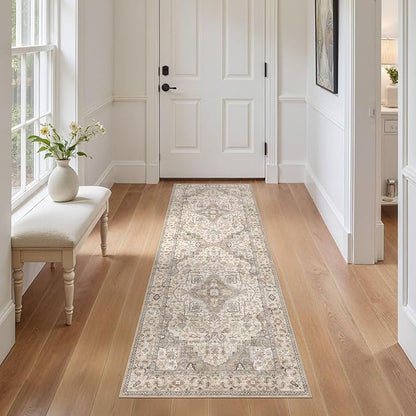 EIEIHOUSE Washable 2x6 Runner Rug - Area Rugs Neutral Vintage Distressed Floral Farmhouse Boho Large Soft Floor Rug Indoor Carpet for Hallway Entryway Bedroom Kitchen - Brown/Multi