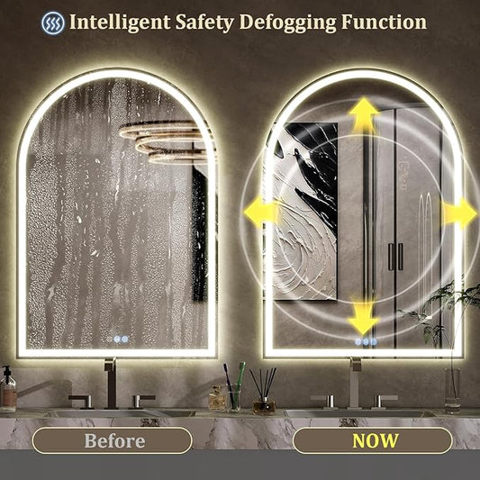 BEAUTYPEAK LED Arch Bathroom Mirrors with Lights, 36x24 Arch Mirror with Metal Frame, Anti-Fog,LED Mirror with Front Light and Backlit, Memory Function for Bathroom, Dressing Room