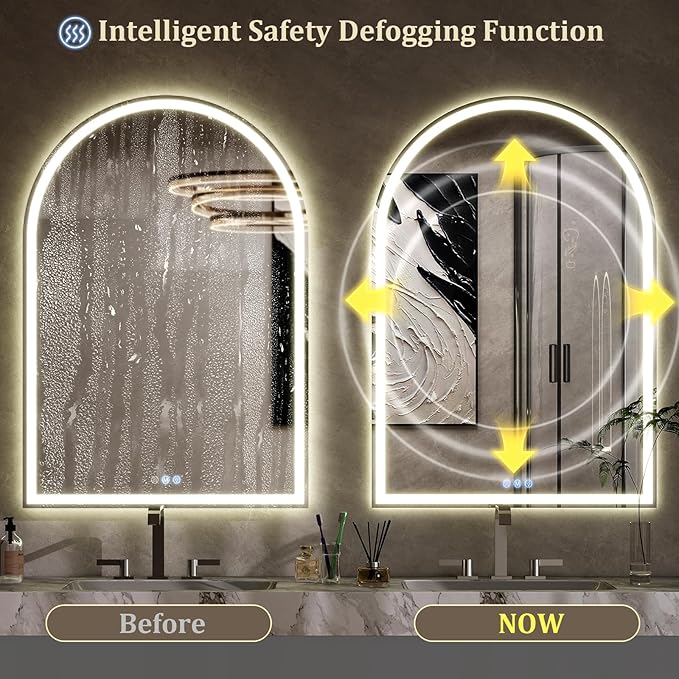 BEAUTYPEAK 48x30 LED Arch Bathroom Mirror with Lights, Anti-Fog, Dimmable, Backlit + Front Lit, Lighted Bathroom Vanity Mirror for Wall, 3 Colors, Memory Function, Tempered Glass, Shatter-Proof