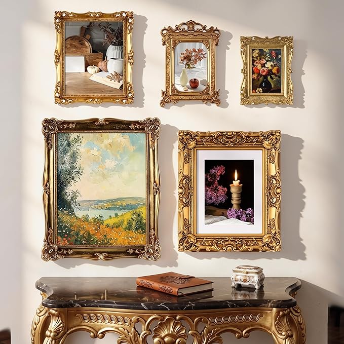 Wonderjune 5 Pcs Large Vintage Picture Frames Set with Glass Front Antique Gold Gallery Wall Frames 11x14, 8x10, 7x9, 4x6, Baroque for Home Decor Photography Props Gifts, Wall or Tabletop