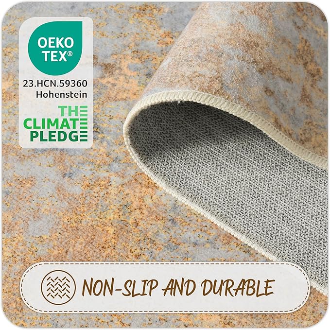 Beige Gold Entryway Rug 3x5 Door Mat Indoor Entrance 36x60, Washable Small Throw Rugs for Kitchen Floor, Entry, Front Door, Bedroom Bedside, Non-Slip Low Pile Stain & Fade Resistant, Abstract