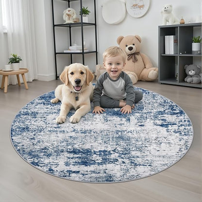 Round Area Rug for Living Room: 5 ft Washable Modern Abstract Soft Thin Rug Indoor Floor No Slip Stain Resistant Carpet for Bedroom Dining Room Farmhouse Nursery Home Office - Blue