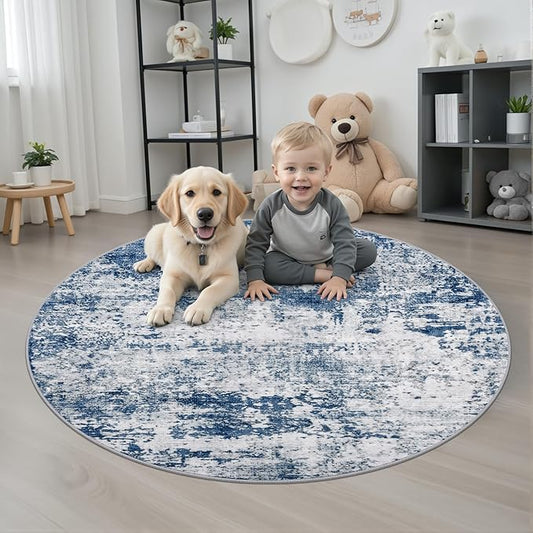 Round Area Rug for Living Room: 4 ft Washable Modern Abstract Soft Thin Rug Indoor Floor No Slip Stain Resistant Carpet for Bedroom Dining Room Farmhouse Nursery Home Office - Blue
