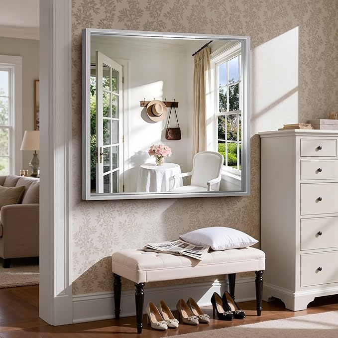 CIRCUMI 40"x40" Brushed Silver Mirror with Chunky Box Metal Frame, Bathroom Mirror for Vanity Remodel & New Home, Living Room, Entryway, Rectangular Wall Mirror, Tempered Glass, Vertical or Horizontal