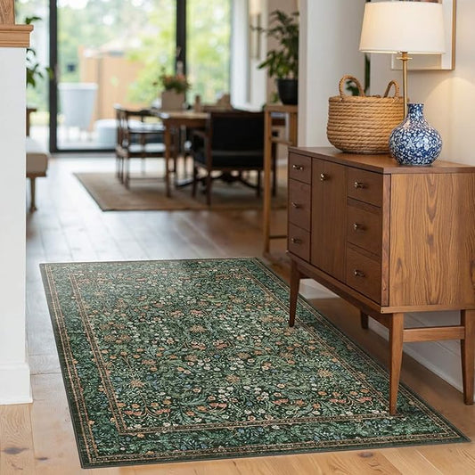 Rugxara 3x5 Rug for Entryway Bedroom, Green 3x5 Washable Area Rug, Vintage Retro Boho Throw Rug, Non Slip & Low Pile Small Carpet for Indoor Entry, Kitchen, Bedside, Living Room, Bathroom and Dining