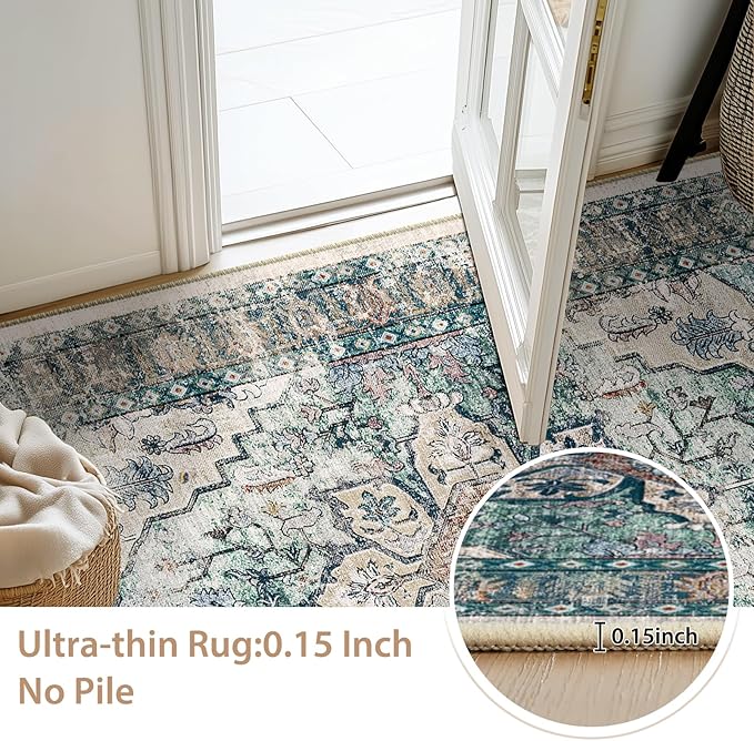 BESTSWEETIE 4x6 Area Rug Washable Rugs for Living Room, No Pile Boho Carpet for Entryway Bedroom Dinning Room, Vintage Carpet Print Distressed Non-Slip, 4 x 6 ft, Green