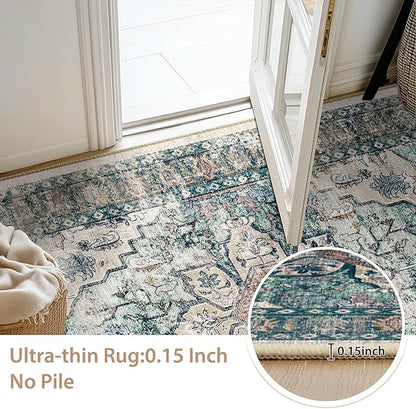BESTSWEETIE 2x3 Area Rug Washable Rugs for Living Room, No Pile Boho Carpet for Entryway Bedroom Dinning Room, Vintage Carpet Print Distressed Non-Slip, 2 x 3 ft, Green
