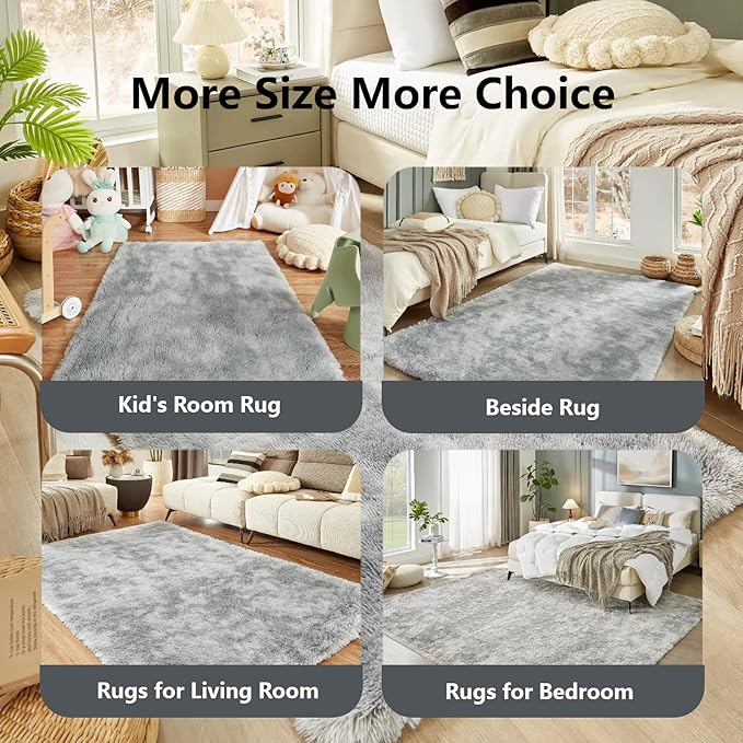 Floralux 9x12 Living Room Rug, Tie-Dyed Light Grey, Large Shag Bedroom Rugs, Soft Fluffy Shaggy Carpets