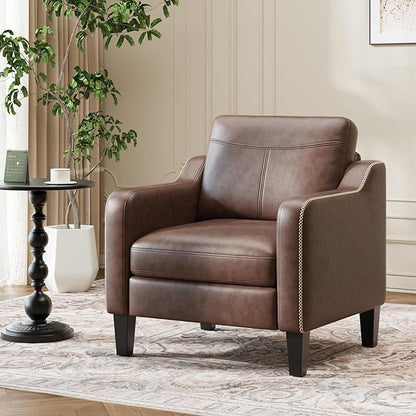 MALOL PU Leather Accent Chair Set of 2, Mid-Century Modern Living Room Armchair Sofa with Removable Cushions & Stitched Armrest Design, Bedroom Chair with Plastic Legs, Chocolate Brown