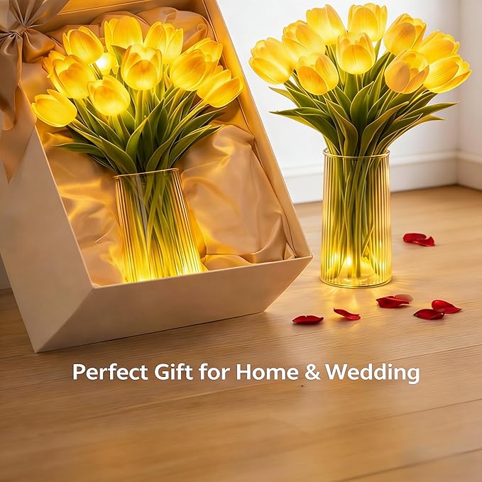Radiant Romantic Tulip Light with Vase, 15 PCS Twinkling Tree Tulips LED Night Light Long-Lasting Brightness, Flower Shaped Ambient Night Lamp for Bedroom Bedside Decor & Gift (red)