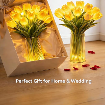 Radiant Romantic Tulip Light with Vase, 15 PCS Twinkling Tree Tulips LED Night Light Long-Lasting Brightness, Flower Shaped Ambient Night Lamp for Bedroom Bedside Decor & Gift (red)