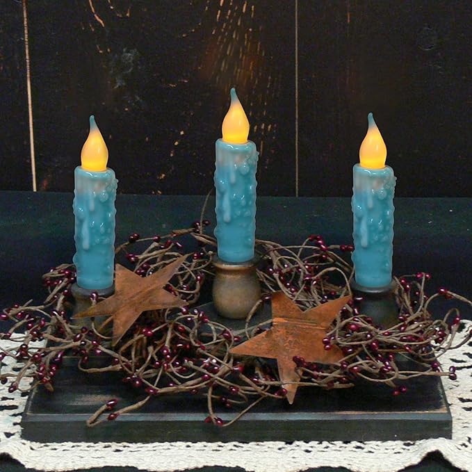 CVHOMEDECO. Real Wax Hand Dipped Battery Operated LED Timer Taper Candles Rustic Primitive Flameless Lights Decor, 4-3/4 Inch, Teal, 2 PCS in a Package