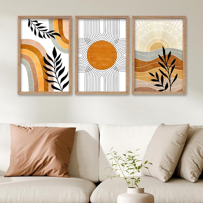 SRSZHIYUE Boho Art Wall Decor Wooden Framed 24x16 Inch Set of 3 Geometric Sun Desert Plant Wall Art for Bedroom Living room Hanging (Wood)