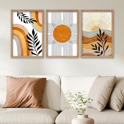 SRSZHIYUE Boho Art Wall Decor Wooden Framed 24x16 Inch Set of 3 Geometric Sun Desert Plant Wall Art for Bedroom Living room Hanging (Wood)