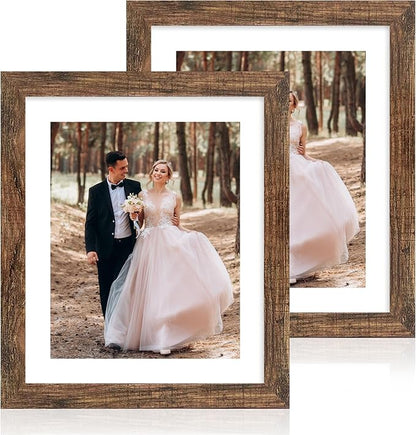 iRahmen 10x12 Picture Frame with Mat 8x10 - High Definition Tempered Glass Wooden Photo Frames for Tabletop Display and Wall Mounting (Brown, Set of 2)