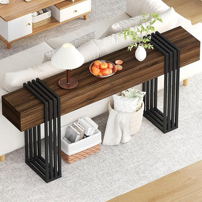 knoworld 71 Inch Long Console Table, Extra Thick Industrial Sofa Table Behind The Couch Rectangular Entryway Table for Entrance Hallway Living Room, Entire top Board & 4-Pipe Legs, Walnut