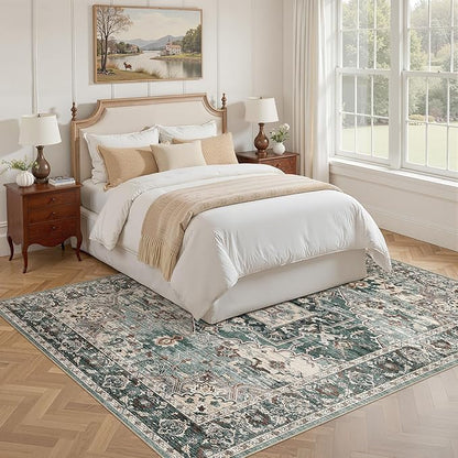 5x7 Washable Area Rugs for Living Room: Non Slip Vintage Green Rug, Large Soft Stain Resistant Indoor Floor Carpets for Bedroom Dining Room Nursery Home Office Kid & Pet Friendly