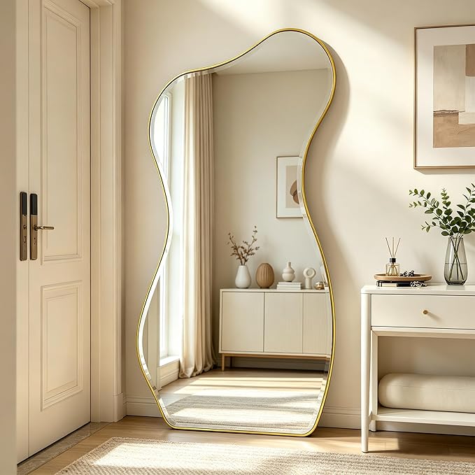 POZINO Irregular Beveled Mirror Full Length, 66.8"x33.5" Asymmetrical Aesthetic Wall Mirror with Metal Frame, Premium Organic Floor Mirrors for Living Room Entryway Cloakroom, Leaning/Wall-Mount