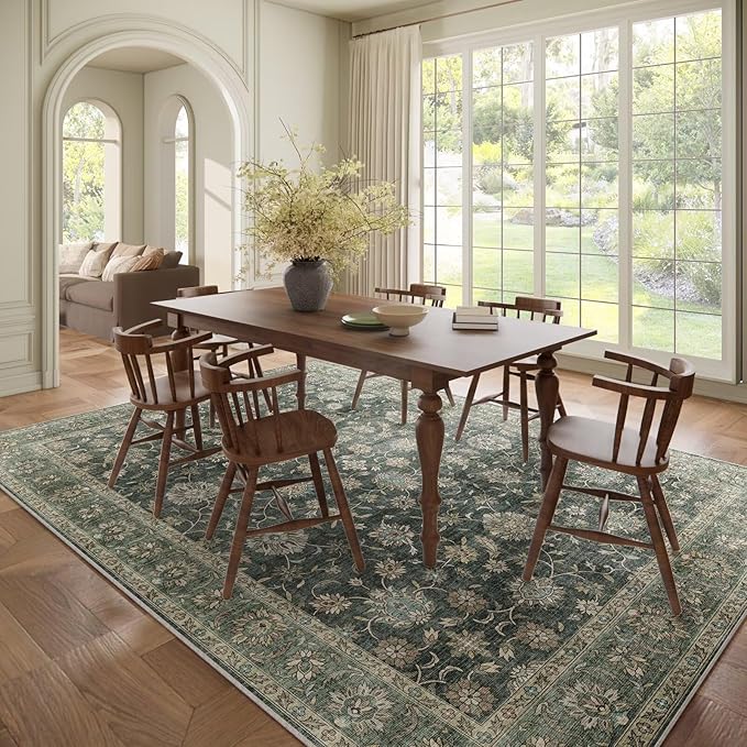 Washable 8x10 Area Rugs for Living Room, Boho Non-Slip Vintage Distress Large Rugs for Bedroom Dining Room Nursery Office, 0.3" Neutral Oriental Throw Thin Carpet, Sage Green/Multi, E1