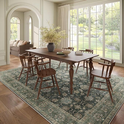 Washable 8x10 Area Rugs for Living Room, Boho Non-Slip Vintage Distress Large Rugs for Bedroom Dining Room Nursery Office, 0.3" Neutral Oriental Throw Thin Carpet, Sage Green/Multi, E1