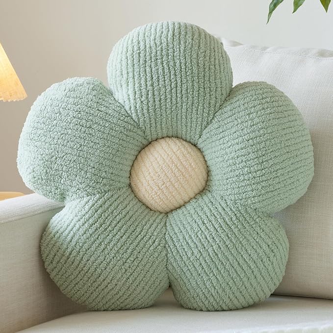 Flower Pillow, Decorative Throw Pillow for Couch, Cute Decor Pillows for Bed, Aesthetic Flower Shaped Pillow Fun Cushion (Green, 19.6 Inches)