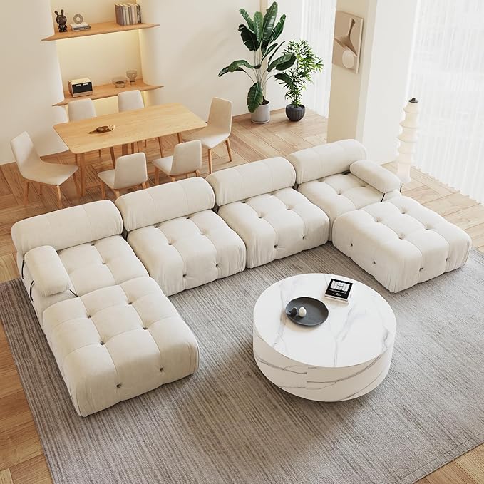 138'' Modular Sectional Couch, U-Shaped Velvet Sofa with Reversible Chaise Ottoman, Minimalist 6-Seat Bubble Sofa, Modern Cloud Sectional Couches for Living Room, Apartment (6 Seats, Beige)
