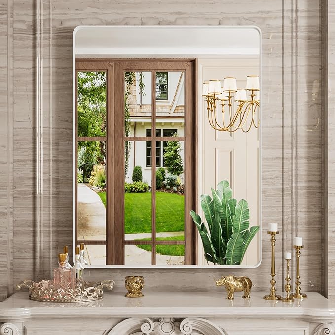 JISOSO White Bathroom Mirror 28x36 Inch, White Metal Framed Bathroom Mirror for Wall, Rounded Rectangle Matte Bathroom Vanity Mirror, Tempered Glass, Anti-Rust, Horizontal/Vertical