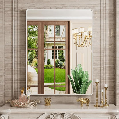 JISOSO White Bathroom Mirror 28x36 Inch, White Metal Framed Bathroom Mirror for Wall, Rounded Rectangle Matte Bathroom Vanity Mirror, Tempered Glass, Anti-Rust, Horizontal/Vertical