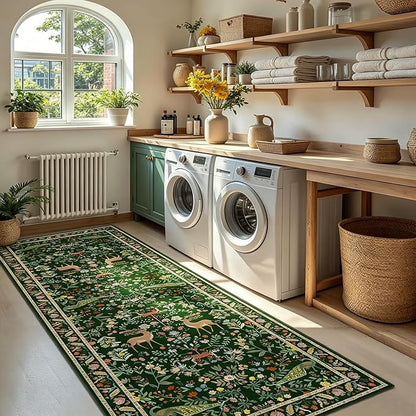 Lunasun Green Washable Floral 2x6 Runner Rug for Hallway- Stain Resistant Kitchen Runners, Botanical & Animal Indoor Floor Mat for Bathroom, Soft Non Slip with Rubber Backed