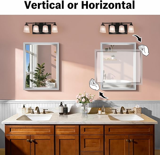 CIRCUMI 18"x24" Silver Mirror with Chunky Box Metal Frame, Brushed Finish Rectangular Bathroom Mirrors for Over Sink, Living Room, Entryway, Tempered Glass Mirror for Wall, Vertical or Horizontal