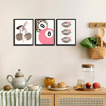 raiqtols Trendy Pink Leopard Bow Wall Art Prints Set of 3 – Funky Cherry and Lucky 8 Ball Posters, Coquette Preppy Aesthetic Pictures for Girls Bedroom Apartment Dorm Room Wall Decor – 12x16in