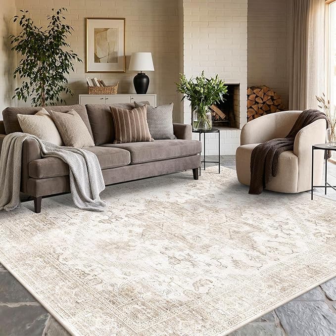 Rugxara 6x9 Washable Area Rug for Living Room, Neutral Vintage Large Boho Rugs for Office, Dining Room, Kids Room, Farmhouse, Durable Low Pile Non Slip Carpet for High Traffic Areas, Beige