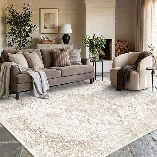 Rugxara 6x9 Washable Area Rug for Living Room, Neutral Vintage Large Boho Rugs for Office, Dining Room, Kids Room, Farmhouse, Durable Low Pile Non Slip Carpet for High Traffic Areas, Beige