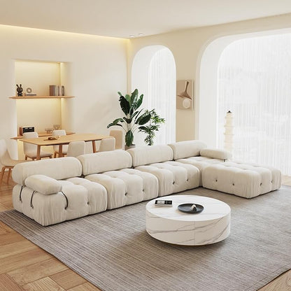 138'' Modular Sectional Couch, L-Shaped Velvet Sofa with Reversible Chaise Ottoman, Minimalist Bubble Couch, Modern Cloud Sectional Couches for Living Room, Apartment (4 Seats, 1 Ottoman, Beige)