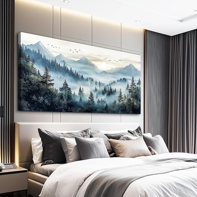 FUHAIHUA Canvas Wall Art For Living Room Large Wall Decor For Office Bedroom Decorations Mountain Landscape Pictures Forest Fog Painting Artwork Room Wall Mural Aesthetic Home Decor 30x60 In